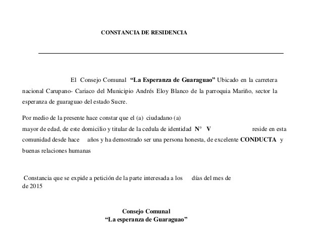 Modelo de carta de residencia suscrita por la Junta de Condominio  (Venezuela) – PROCONDOMINIOS