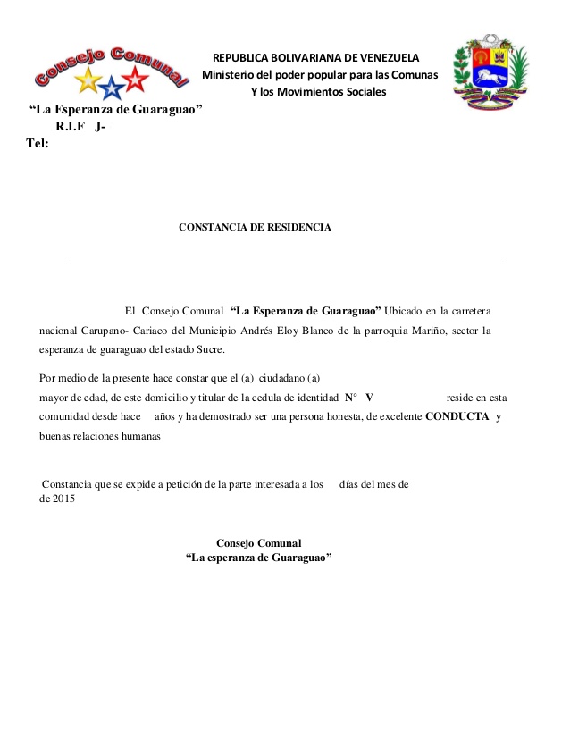 Modelo de carta de residencia suscrita por la Junta de Condominio (Venezuela)
